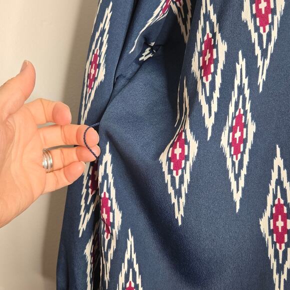 TUCKER Navy and Red Geometric Aztec Pattern Dress Long Sleeve Button Front Sz S - Picture 8 of 14
